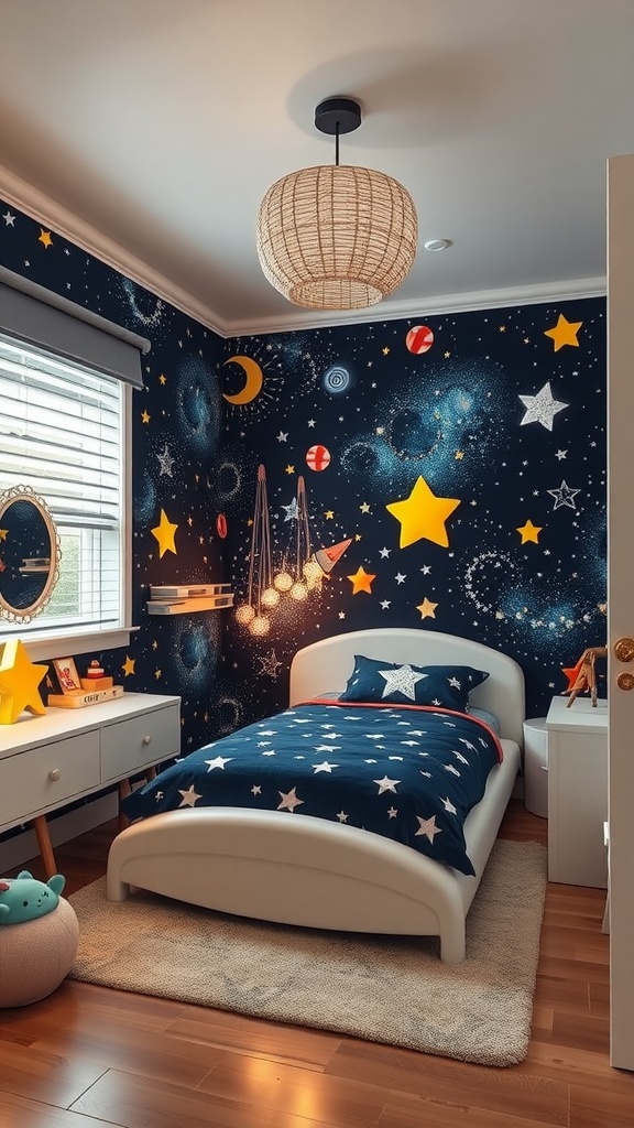 A cozy kids bedroom decorated with space exploration theme, featuring starry wallpaper, a comfortable bed, and a playful rug.