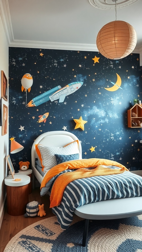 A kids bedroom decorated with a space theme, featuring a dark blue wall with stars and a rocket ship, a cozy bed with striped bedding, and playful accents.