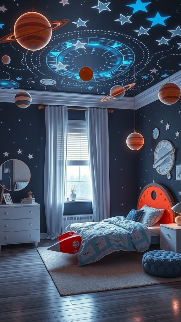 A boy's bedroom with space exploration theme, featuring a dark ceiling with glowing stars and planets, a cozy bed with blue bedding, and playful rocket-shaped decor.