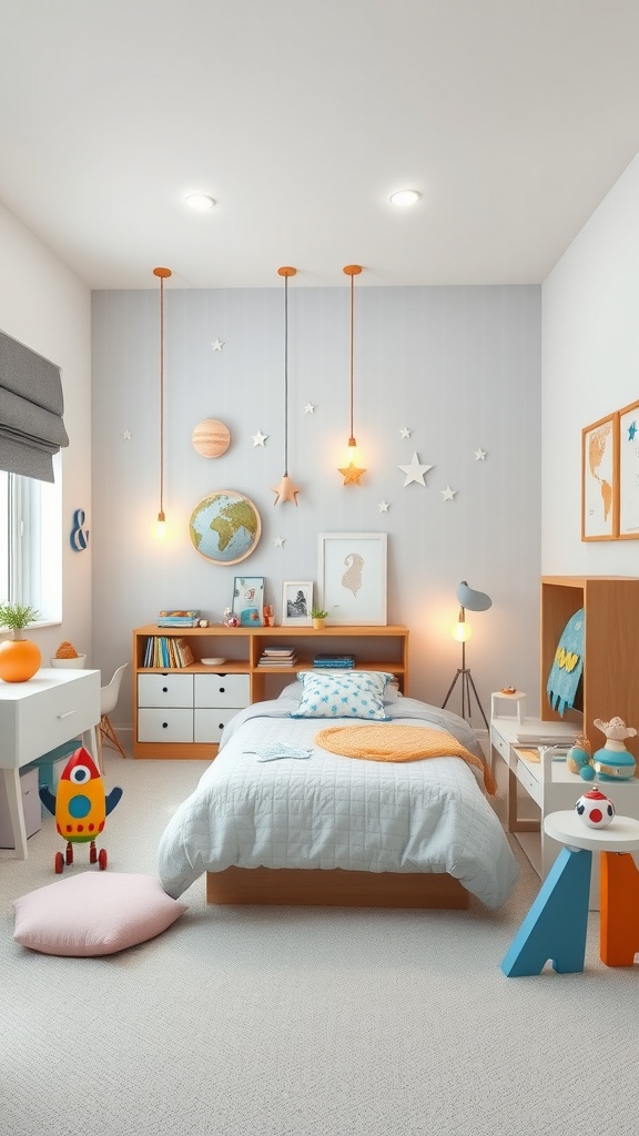 A cozy kindergarten bedroom decorated in a space theme with colorful elements like stars, planets, and a rocket toy.