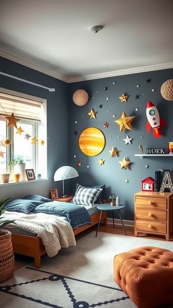 Toddler boy bedroom designed with space exploration theme, featuring planets, stars, and a rocket.