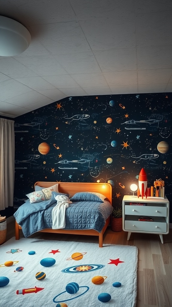 A kids' bedroom designed with a space explorer theme, featuring cosmic wallpaper, a cozy bed, a rocket lamp, and a colorful planet-themed rug.