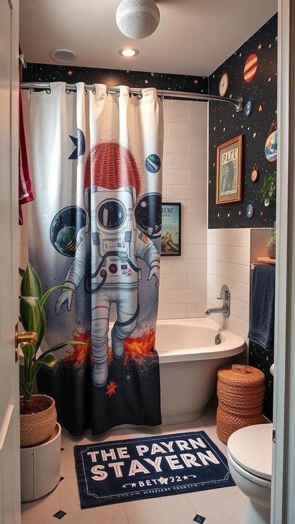 A space-themed bathroom featuring a shower curtain with an astronaut and planets