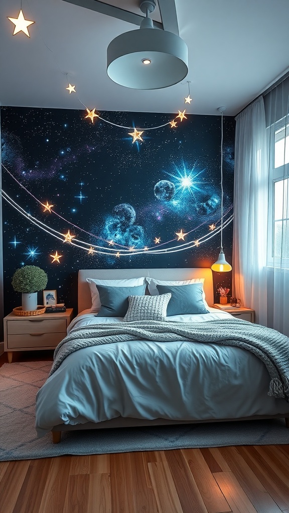 A cozy bedroom designed with a cosmic theme, featuring a starry mural, inviting bed, and warm lighting.