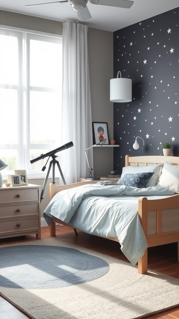A cozy bedroom designed for a space enthusiast, featuring a starry wall, telescope, and soft bedding.