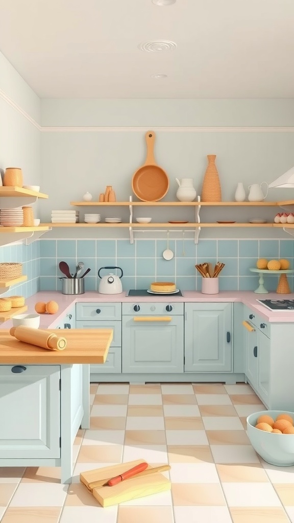 A spacious kitchen with pastel blue cabinets, a central baking island, and organized shelves displaying baking supplies.
