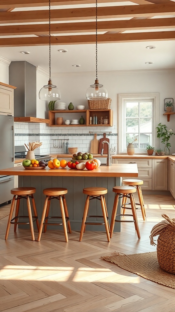 A spacious farmhouse-style kitchen island with wooden stools and fresh fruits on top.