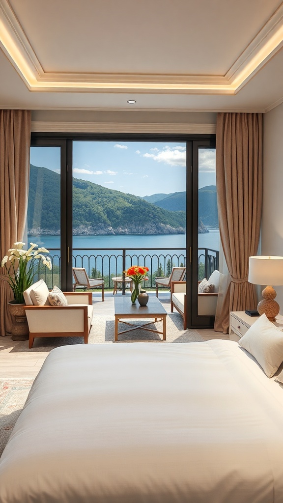 A spacious bedroom with a large balcony overlooking mountains and water, featuring comfortable seating and a table with flowers.