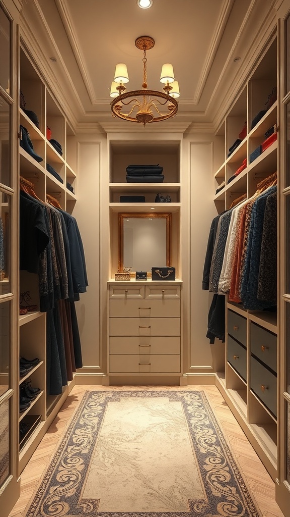 A spacious walk-in closet featuring shelves and hanging space with a chandelier and a mirror.