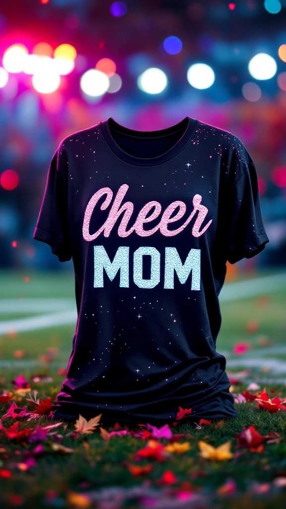 A black t-shirt with sparkling 'Cheer MOM' lettering displayed on a vibrant background.