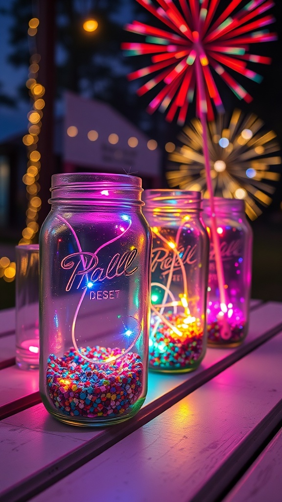 Colorful jars filled with lights and beads, resembling fireworks on a table.