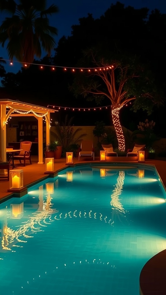 A beautifully lit backyard pool at night with string lights and lanterns, creating a cozy atmosphere.