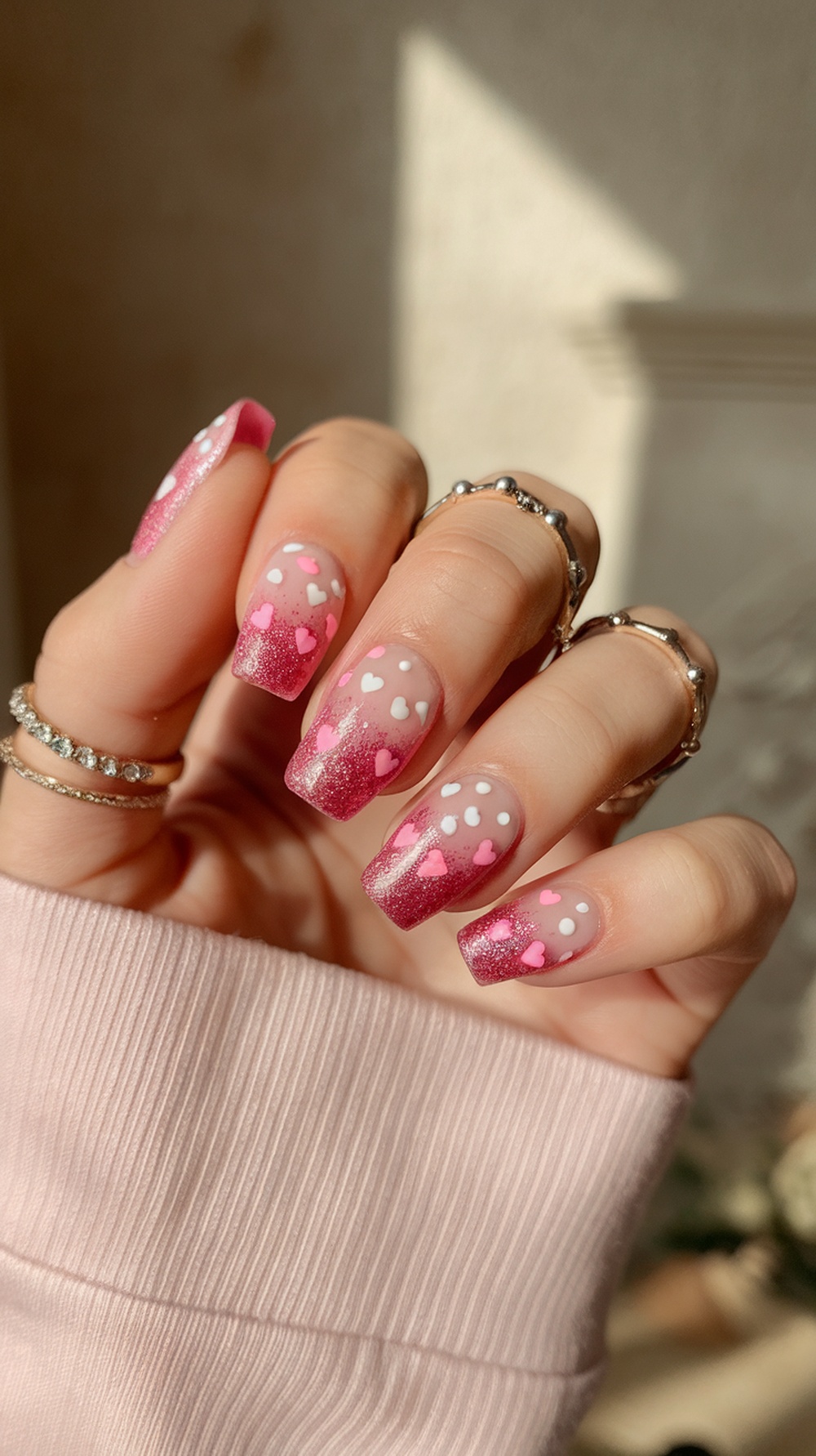 Close-up of pink glitter ombre nails with heart designs
