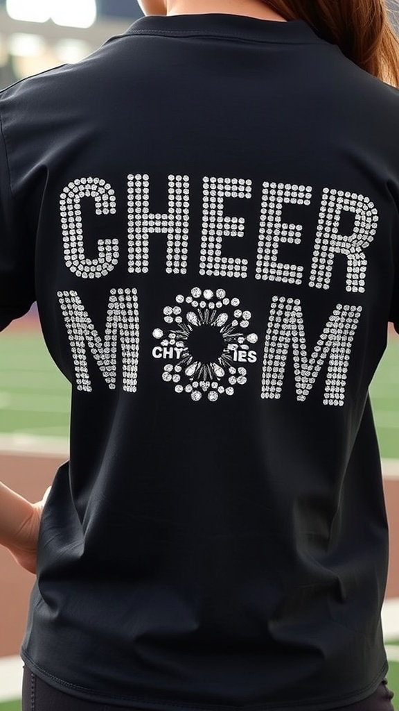 A cheer mom shirt with rhinestone design displaying the words 'CHEER MOM' on the back.