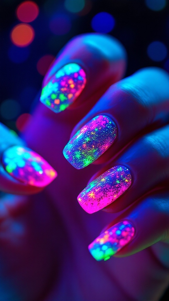 Close-up of hands with neon sparkly nail design