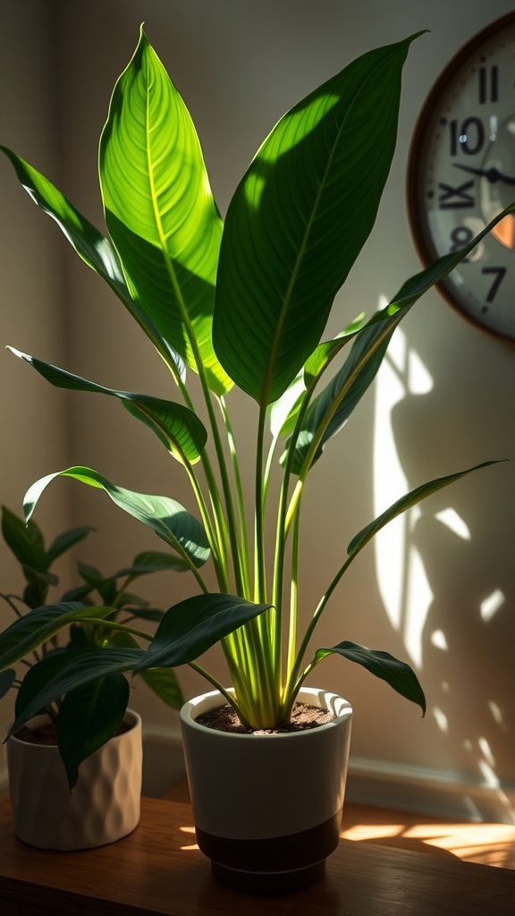 A Spathiphyllum plant with broad green leaves in a white pot, illuminated by sunlight, placed on a wooden surface next to another plant.