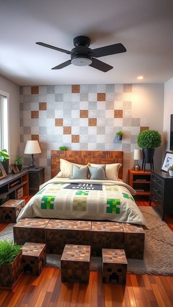 A Minecraft-themed bedroom featuring a block-style bed, pixelated quilt, and textured wall design.