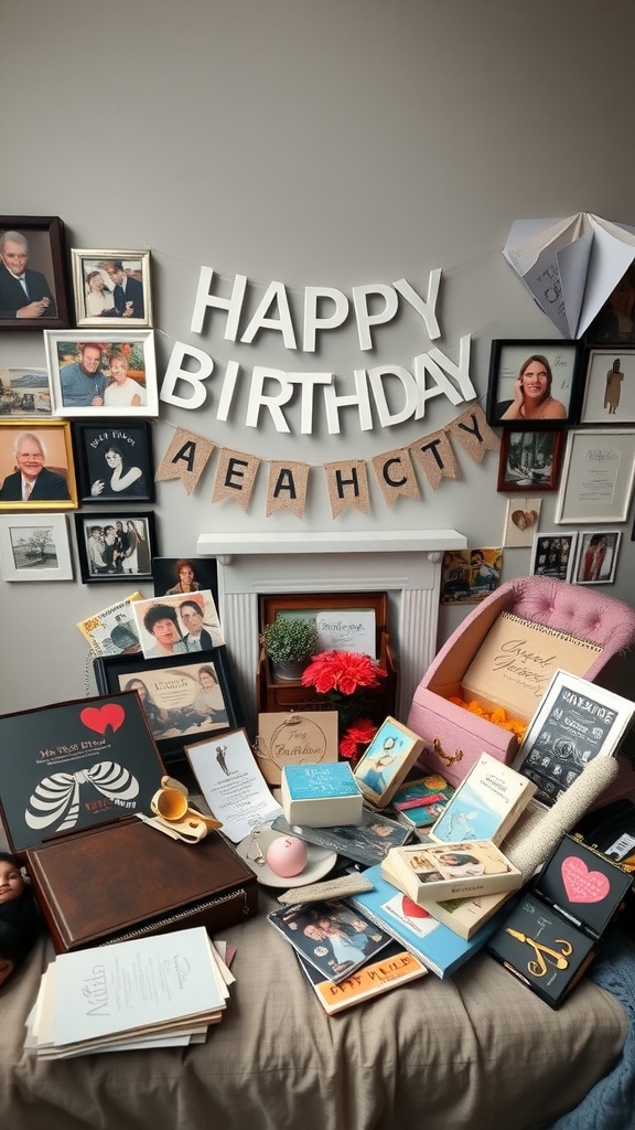 A birthday celebration setup with a 'Happy Birthday' banner, framed photos, and keepsake items on display.