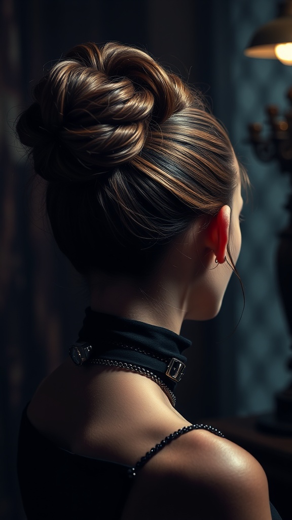A close-up of a beautifully styled gothic bun hairstyle.