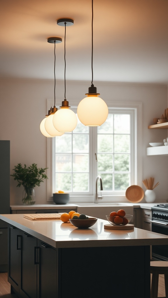 A kitchen with three spherical pendant lamps hanging over an island, providing soft lighting.