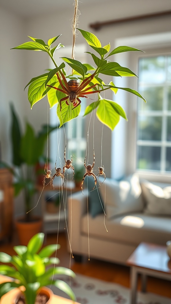 A spider plant hanging with long leaves and baby plantlets in a bright living room.
