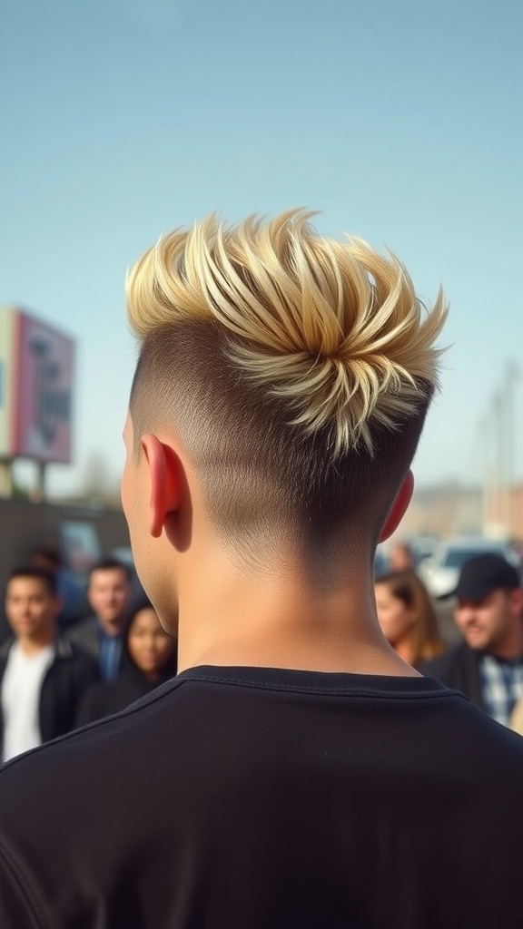 A young person with a spiky short hairstyle, featuring a blonde top and faded sides, standing in a casual setting.