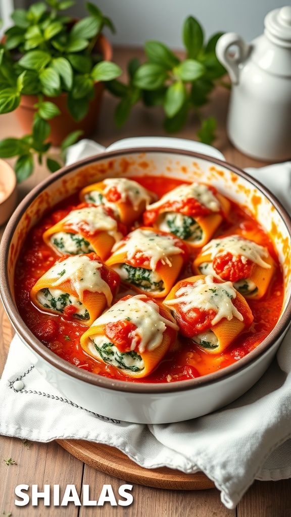 A baking dish filled with spinach and ricotta stuffed shells in marinara sauce, topped with melted cheese.