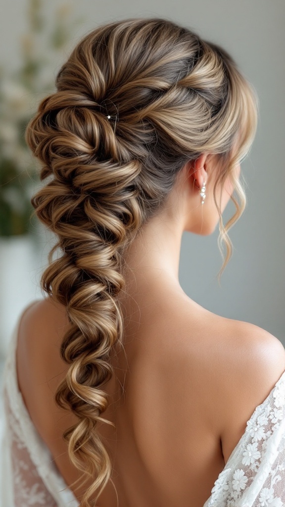 A woman with a beautiful spiral curl ponytail hairstyle, viewed from the back, showcasing soft curls and a subtle hair accessory.