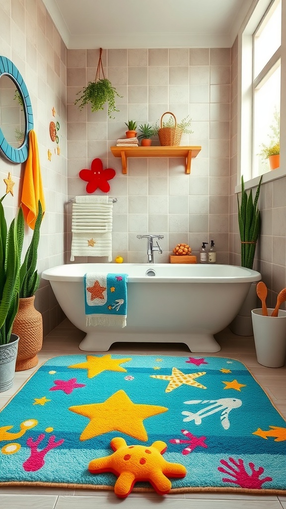 A colorful kids' bathroom featuring a fun bath mat with stars and sea creature designs.