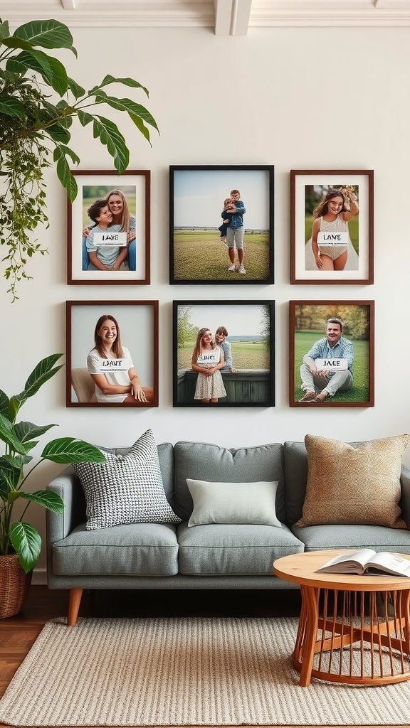 A family picture wall featuring split-frame photographs of various family members, each displaying unique moments and emotions.