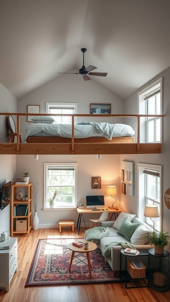 A split-level loft bedroom featuring a raised sleeping area with a cozy bed, a living space with a sofa, and a stylish decor.