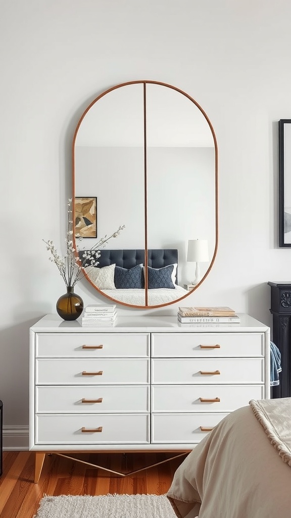 A stylish split mirror above a modern dresser in a beautifully decorated bedroom.