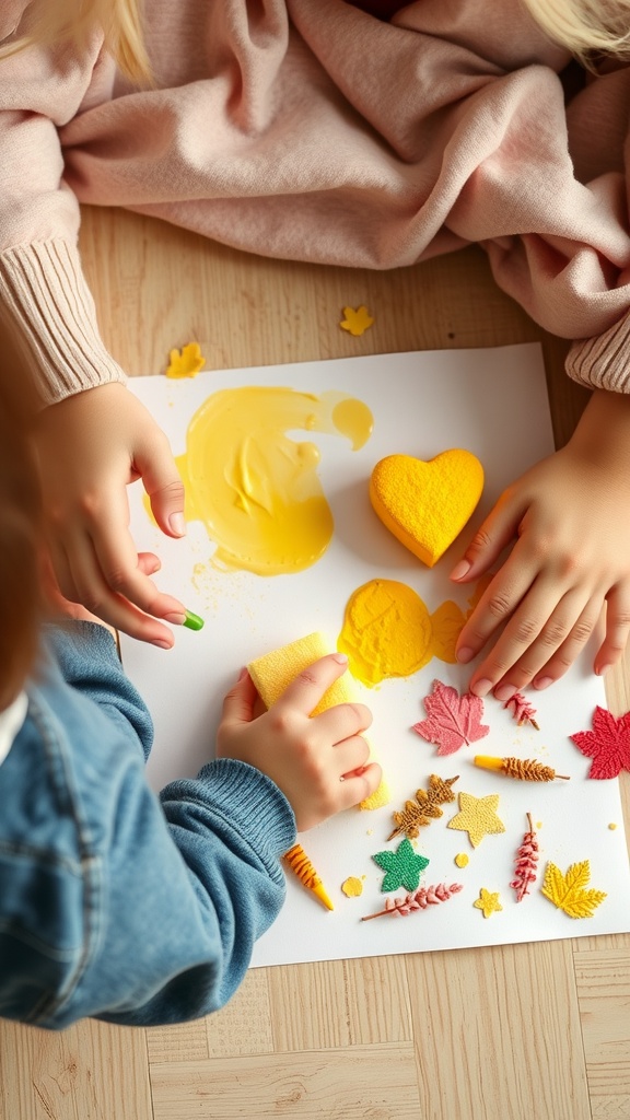Two children engaging in sponge painting with colorful shapes and yellow paint on paper.