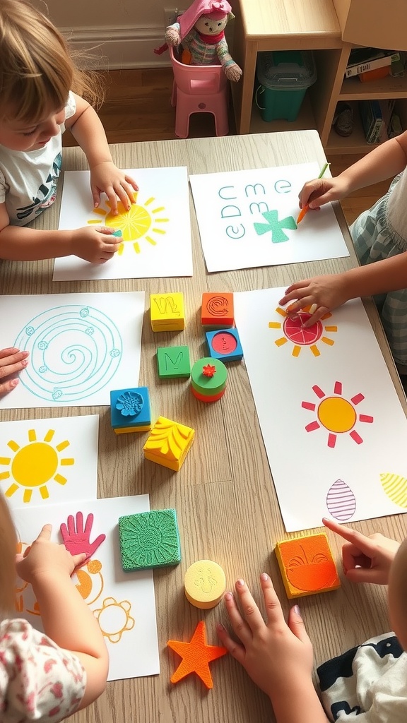 Children engaged in sponge stamping summer shapes on paper.
