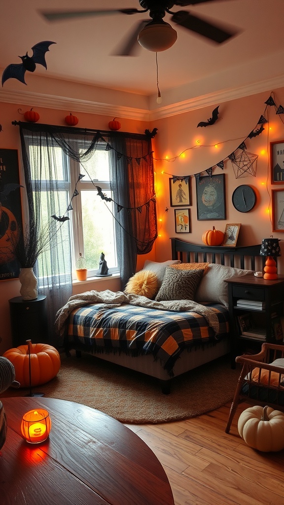 A cozy witchy bedroom decorated with pumpkins, bats, and orange lights.
