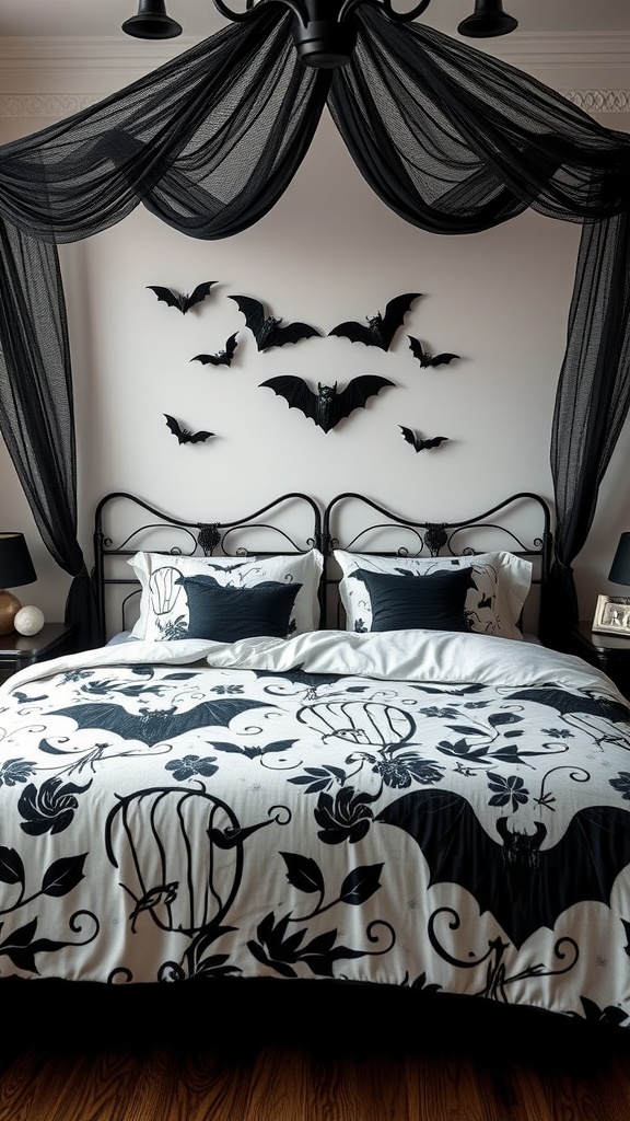 A gothic-themed bedroom featuring spooky bedding with bats and floral designs, complemented by a black mesh canopy.