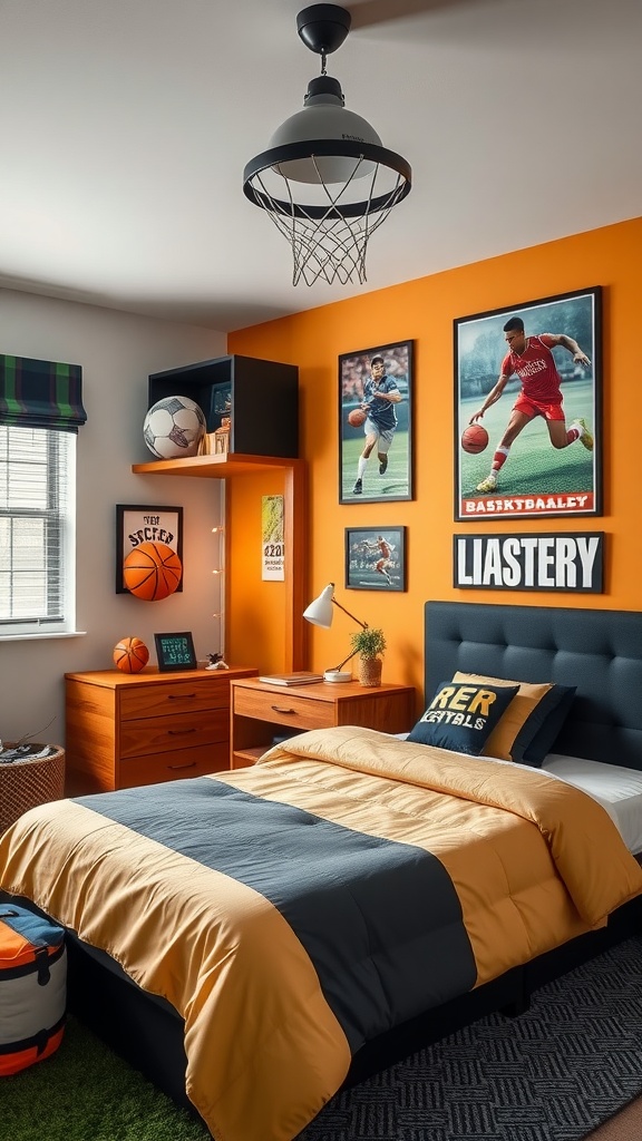 A sporty-themed teen boy's bedroom with a basketball hoop, orange wall, and sports-themed decor.