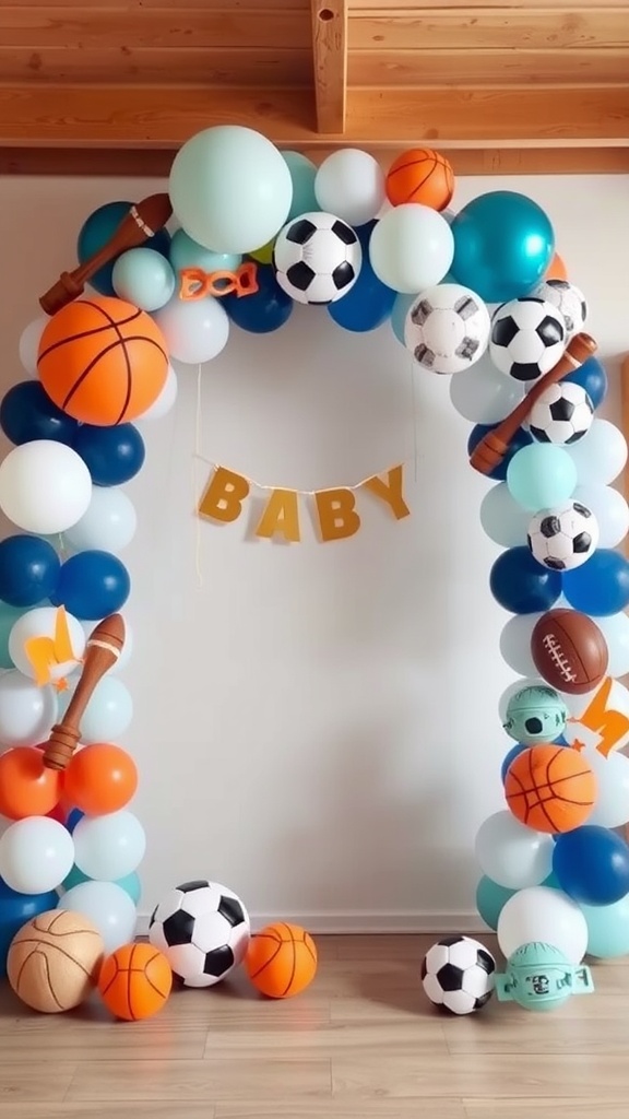 A colorful balloon arch with sports-themed decorations, including basketballs and soccer balls, welcoming guests to a celebration.