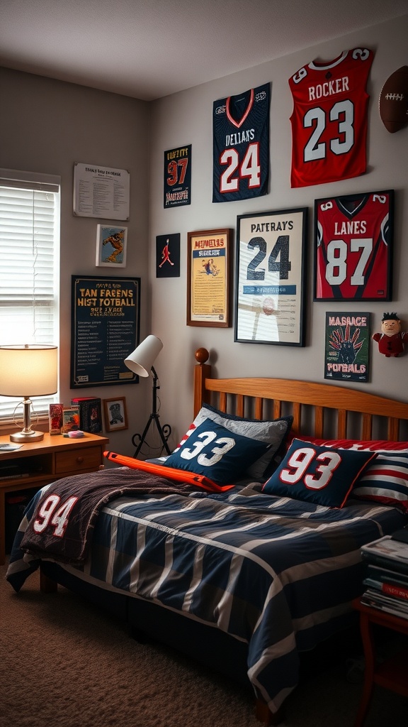 A teenage boy's bedroom with sports-themed decor featuring jerseys, framed sports awards, and a cozy bed.