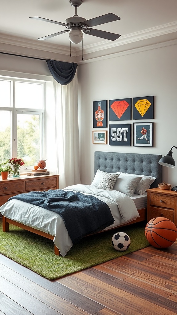 Cozy sports-themed bedroom for a preschooler with a bed, green rug, and sports balls.