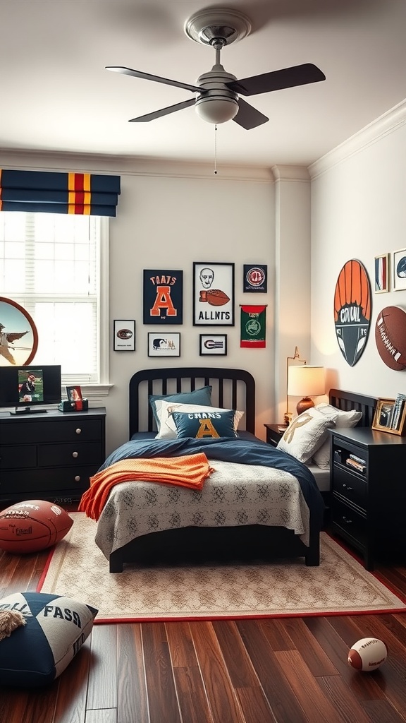 A sports-themed teen bedroom featuring a bed with athletic-themed bedding, framed sports memorabilia on the walls, and sports equipment scattered around.