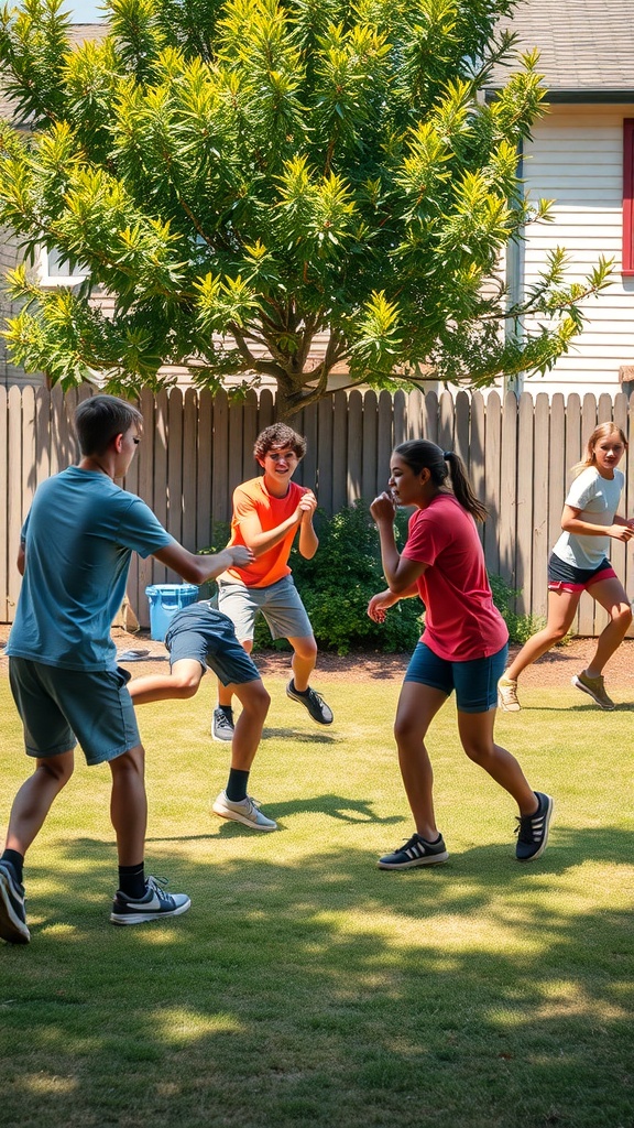 Group of friends playing games in a sunny backyard