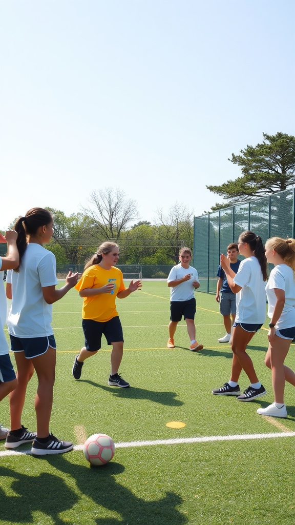 A group of friends participating in a sports day event, cheering each other on while standing on a soccer field.