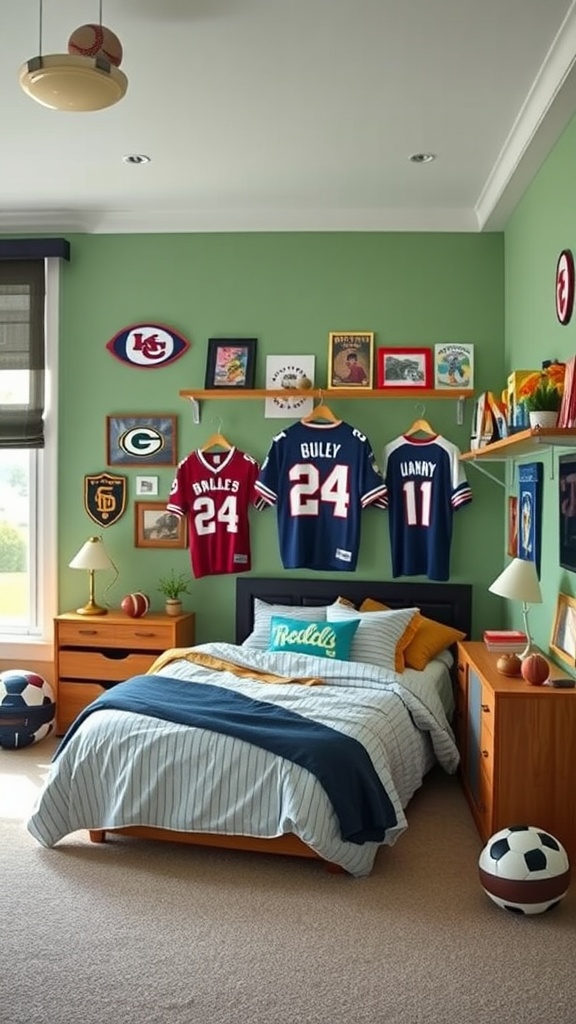 A sports-themed bedroom with jerseys, sports memorabilia, and cozy bedding.