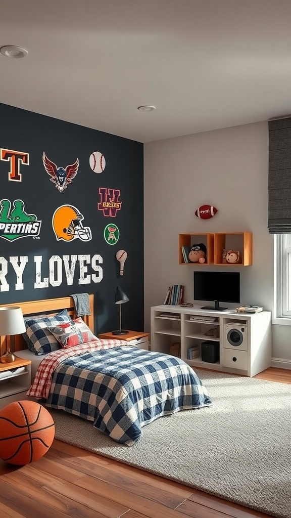 A kid's bedroom decorated with sports-themed decor, featuring team logos on the wall, checkered bedding, and sports balls.