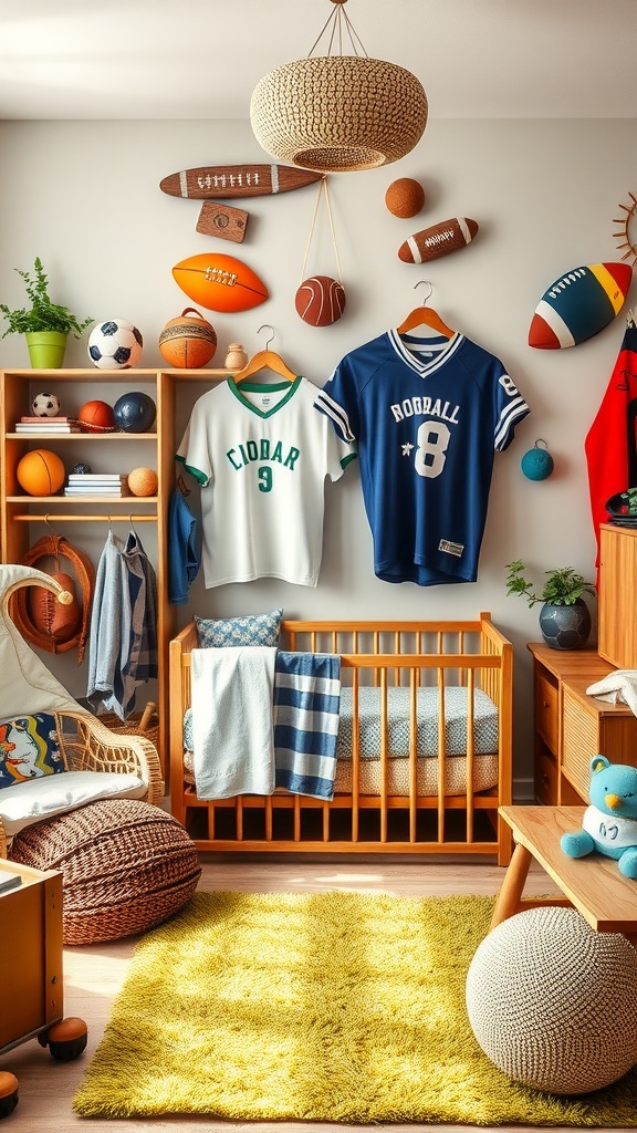 A nursery designed with a sports theme, featuring jerseys, various sports balls, and a cozy crib.