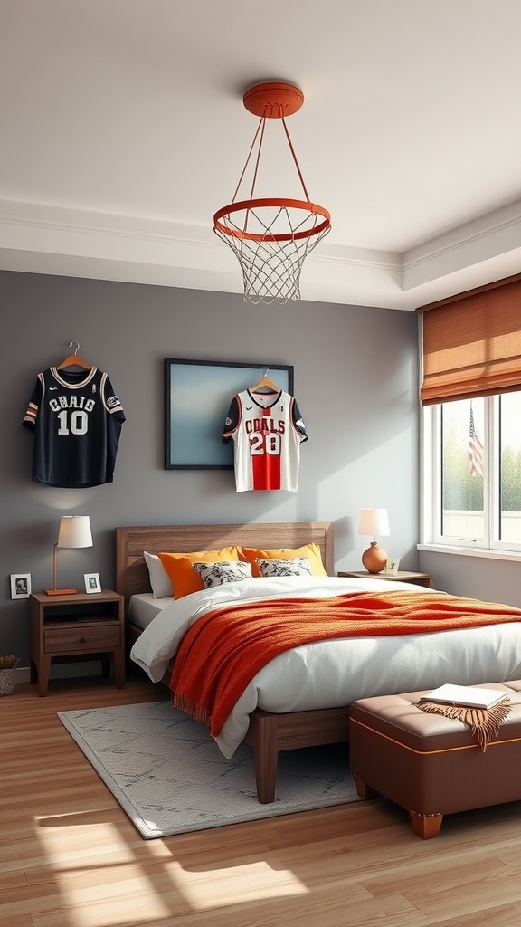 A stylish boys bedroom featuring basketball jerseys on the wall, a cozy bed with orange accents, and a basketball hoop hanging from the ceiling.