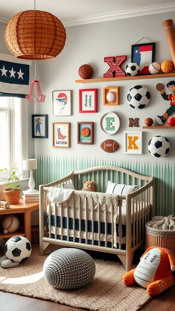 A sports-themed nursery featuring a crib, wall art with sports motifs, and playful decor elements.