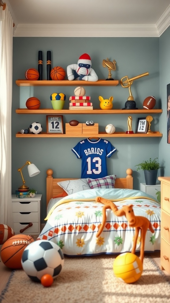 A toddler boy's bedroom with sports-themed decor, including basketballs, soccer balls, a jersey, and a bed with a colorful quilt.