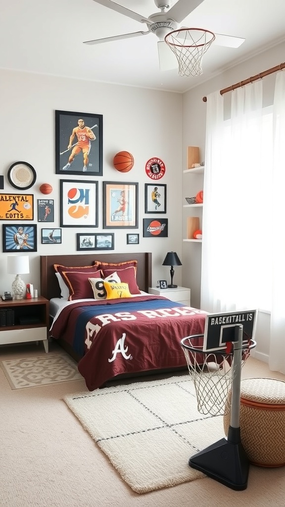 A sports-themed bedroom with a basketball hoop, framed sports memorabilia, and a cozy bed.
